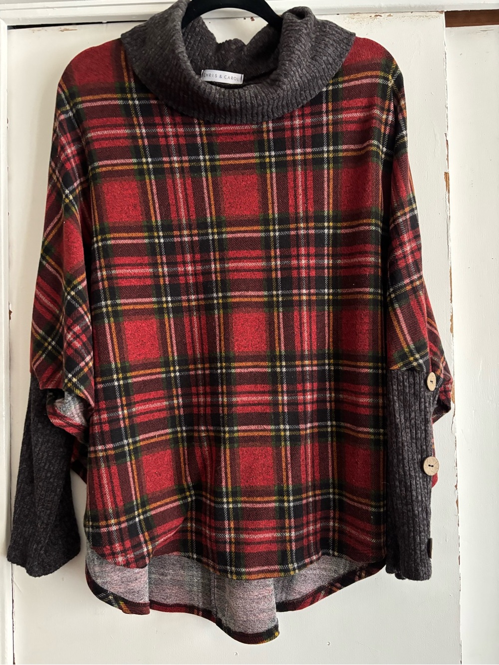 Chris & Carol Red Plaid Cowl-Neck Sweater with Charcoal Trim